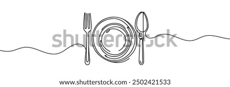 One continuous line plate, khife and fork. Vector illustration