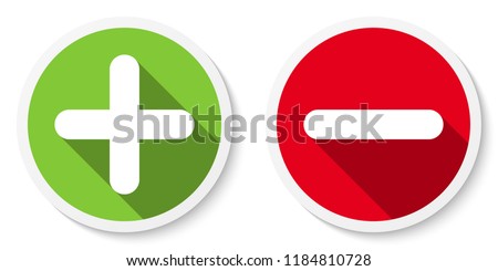 Set of plus & minus sign icons, buttons. Flat round positive & negative symbol stickers. Vector EPS 10