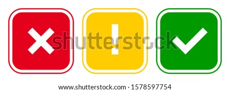 Set of square x mark, exclamation point, check mark icons, buttons isolated on white background.