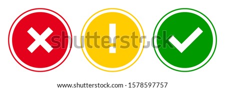Set of round x mark, exclamation point, check mark icons, buttons isolated on white background.