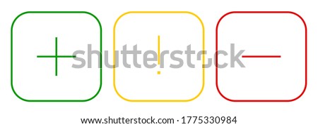 Set of square plus sign, exclamation point and minus sign thin line icons, buttons isolated on a white background. EPS10 vector file