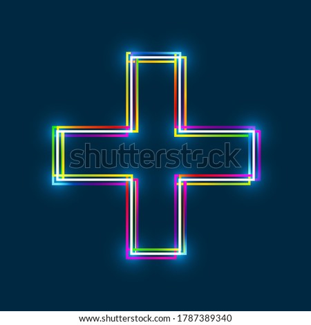 Multi-colored multi-layered line plus sign, cross icon with glowing light effect on a blue background. EPS10 vector file