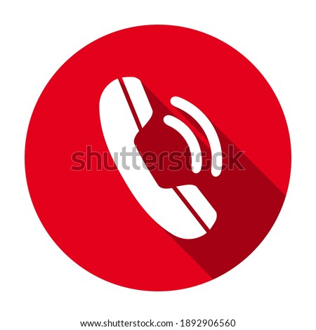 Red flat round conference phone icon, button with long shadow isolated on a white background. Vector illustration.