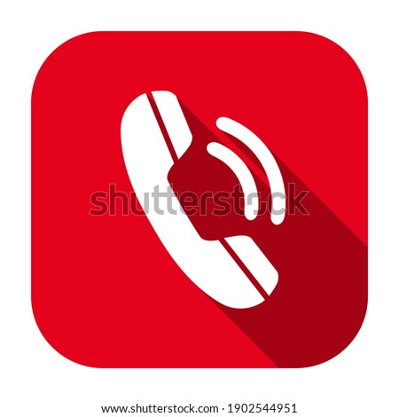 Red flat rounded square conference phone icon, button with long shadow isolated on a white background. Vector illustration.