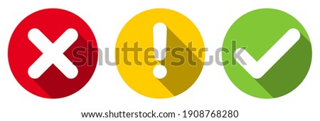 Set of flat round x mark, exclamation point, check mark icons, buttons with long shadow isolated on white background. Vector illustration.