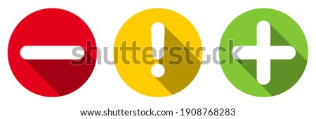 Set of flat round minus sign, exclamation point, plus sign icons, buttons with long shadow isolated on white background. Vector illustration.