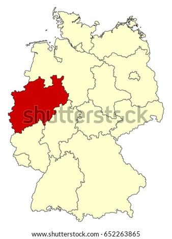Yellow map of Germany with federal state North Rhine-Westphalia isolated in red. Vector EPS10