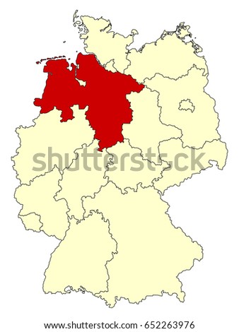 Yellow map of Germany with federal state Lower Saxony isolated in red. Vector EPS10