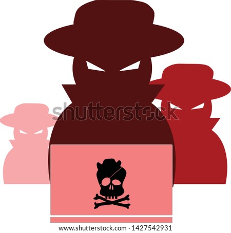 Group of Man-in-the-middle / Phisher or an anonymous proxy attack in dark red flat design theme. Including the hacker computer notebook with center aligned pirate skull logo. 