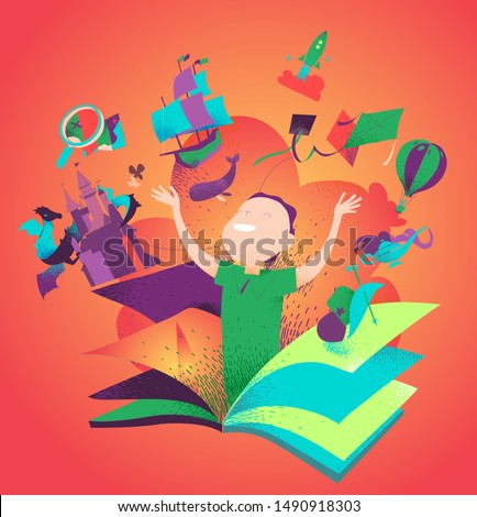 Boy appearing from a book. Concept of reading books being an adventure. Kids imagination, tales, stories, discovery. Children literature colorful bookcover. Vector illustration