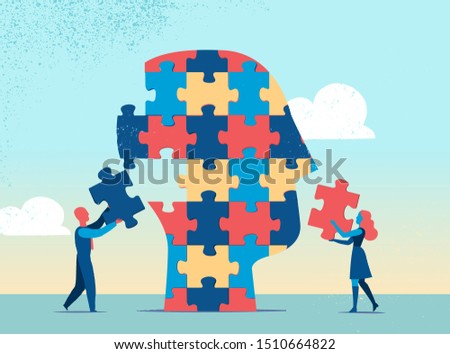 Human head made of puzzle pieces. Team of people assemble jigsaw puzzle. Vector illustration