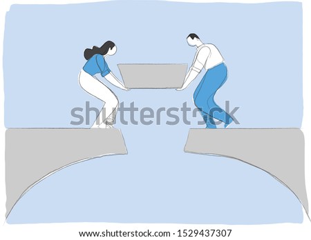 A couple of man and woman is finishing to build a bridge putting the last piece. Building happy positive relationship in a family concept. Connect the two sides of the bridge. Vector illustration