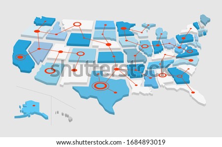 USA network map with connected lines and circles. Vector illustration