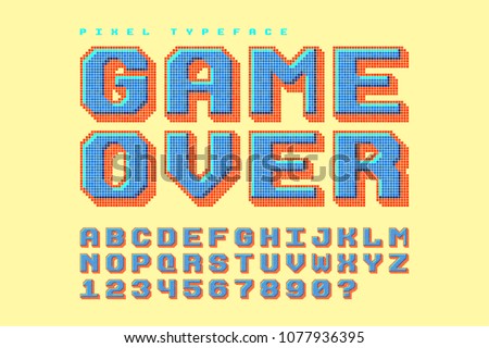 Pixel vector font design, stylized like in 8-bit games. 3d effect, retro-futuristic, game over sign. Swatch color control.