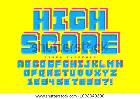 Pixel vector font design, stylized like in 8-bit games. High contrast, retro-futuristic. Easy swatch color control.