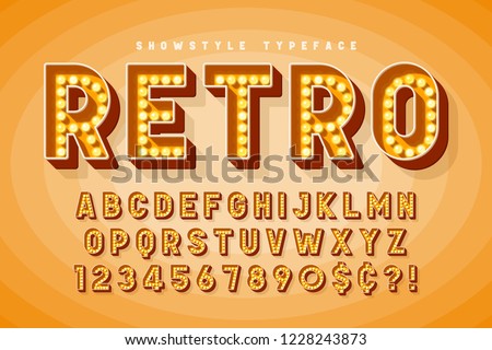 Retro cinema font design, cabaret, Broadway letters and numbers. Swatches color control