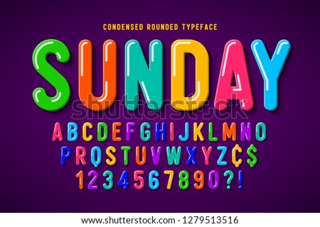 Flat bubble comical font design, colorful alphabet, typeface. Color Swatches control