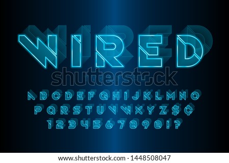 Glowing 3d futuristic sci-fi alphabet, creative characters set. Vector illustration