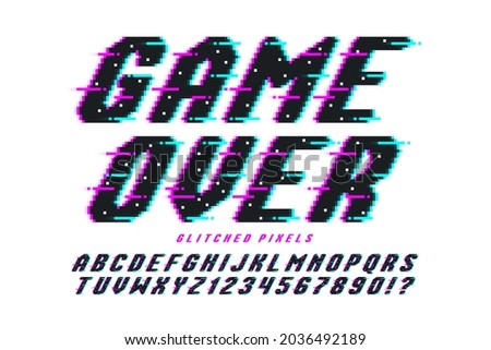 Pixel vector alphabet design, stylized like in 8-bit games. High contrast and sharp, retro-futuristic. Easy swatch color control. Resize effect.