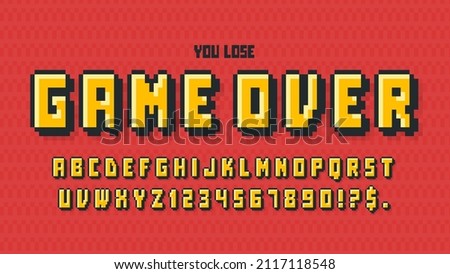 Pixel vector alphabet design, stylized like in 8-bit games. High contrast and sharp, retro-futuristic. Easy swatch color control. Resize effect.