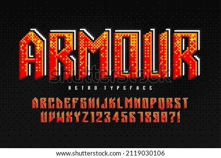 Pixel vector alphabet design, stylized like in 8-bit games. High contrast and sharp, epical style. Easy swatch color control. Resize effect.