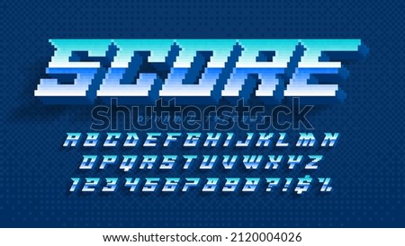 Dynamic pixel alphabet design, stylized like in 8-bit games. High contrast and sharp, retro-futuristic. Easy swatch color control. Resize effect.