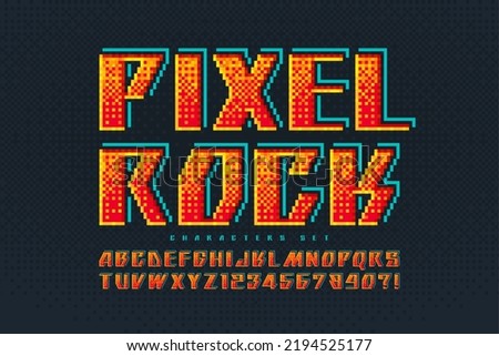 Pixel vector alphabet design, stylized like in 8-bit games. High contrast and sharp, retro-futuristic. Easy swatch color control.