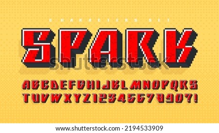 Pixel vector alphabet design, stylized like in 8-bit games. High contrast and sharp, retro-futuristic. Easy swatch color control. Resize effect.