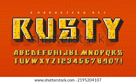 Pixel vector alphabet design, stylized like in 8-bit games. High contrast and sharp, retro-futuristic. Easy swatch color control. Resize effect.