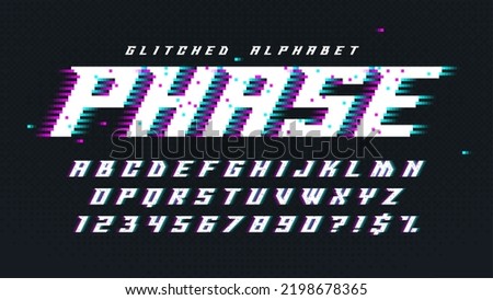 Glitched pixel alphabet design, stylized like in 8-bit games. High contrast and sharp, retro-futuristic. Easy swatch color control. Resize effect.