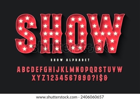 Retro circus alphabet design, cabaret, LED lamps letters and numbers. Original design