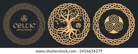 Celtic tree of life, tribal print, braided knots. Vector illustrations set