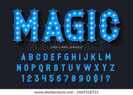 Retro circus alphabet design, cabaret, fairy LED lamps letters and numbers. Original design