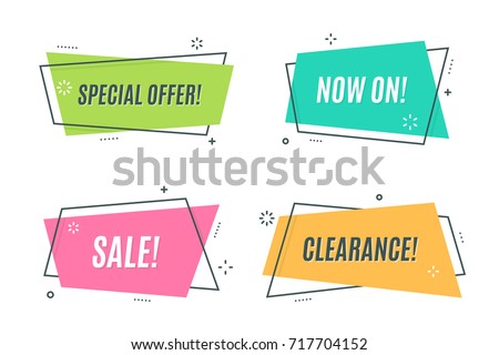 Flat linear promotion ribbon banner, scroll, price tag, sticker, badge, poster. Vector illustration