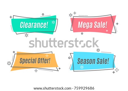 Flat linear promotion ribbon banner, scroll, price tag, sticker, badge, poster. Vector illustration