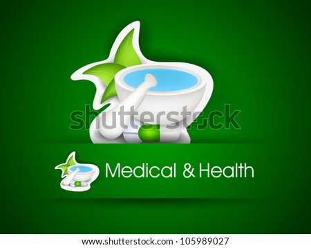 Illustration of mortar and pestle with green leaves. EPS 10. can be use as label, sticker or tag.