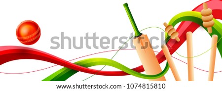 Close view of a cricket wickets, bat and ball on white background. Web header or banner design.