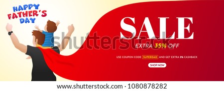 Happy Father's Day, Sale Banner Design with 35% Off Offers and happy illustration of a Father and Son duo. 