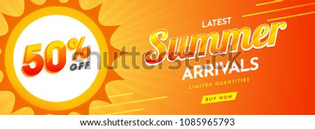 Website, summer sale header or banner design with 50% off offers on yellow background. Summer Arrivals Collections Text.