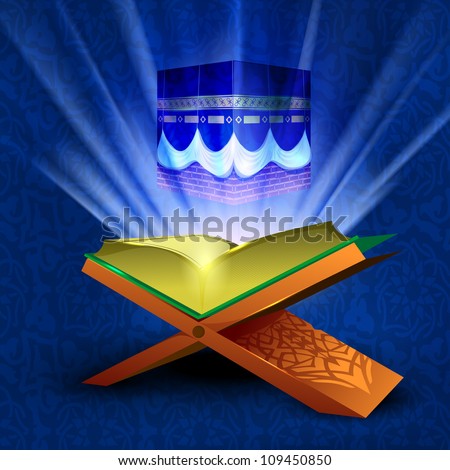 Beautiful View of Qaba or Kaaba Sharif on shiny rays background with open holy book Quran or Kuran Sharif. EPS 10.