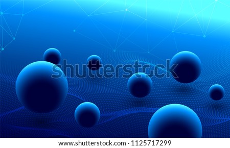 Shiny abstract blue background with technology connection with 3D round bubbles for Blockchain network concept.