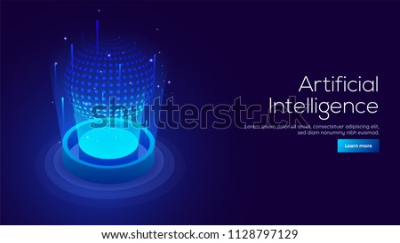 Artificial Intelligence (AI) concept responsive landing page or web template with 3D isometric illustration of digital light ball between emerging rays.