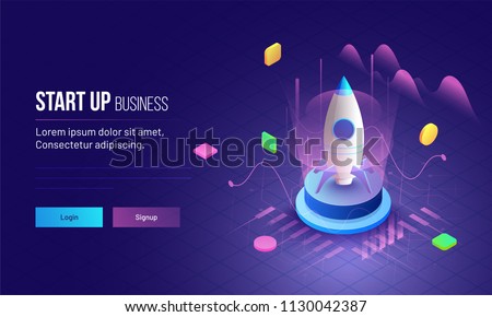 3D illustration of rocket with infographic elements and ultraviolet rays for Business Startup concept landing page design.