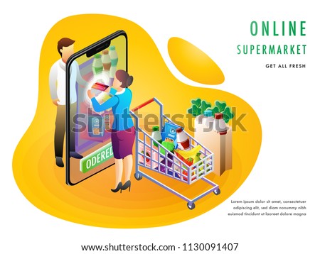 Online supermarket or grocery purchaing concept with an online store on smartphone screen, grocery products and shoping cart. Landing page design for advertisement.