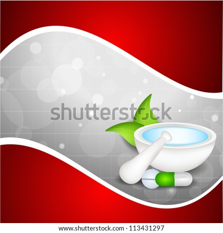 Illustration of mortar and pestle with green leaves on wave background. EPS 10.
