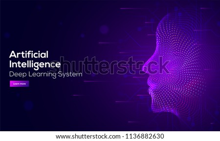 Responsive web banner design with illustration of human face made by tiny particles between glowing digital network for Artificial Intelligence (AI) deep learning concept. 