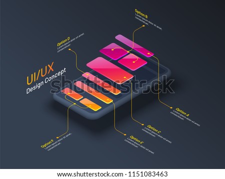 UI or UX design concept, isometric illustration of smartphone, mobile app or website wireframe with multiple option.