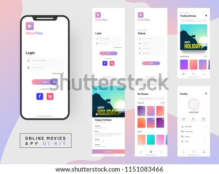 Online Movie App UI Kit for responsive mobile app or website with different GUI layout including Login, Create Account, Profile, Transaction and Notification screens.