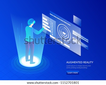 Man wearing VR glasses interacting virtual or imaginery world, analysis data for business and managment concept. Responsive web template design for Augmented Reality (AR).