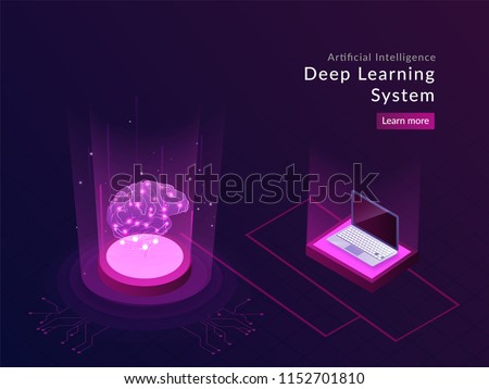 Artificial Intelligence responsive landing page design with isometric laptop and human brain between glowing digital rays for deep learning system.